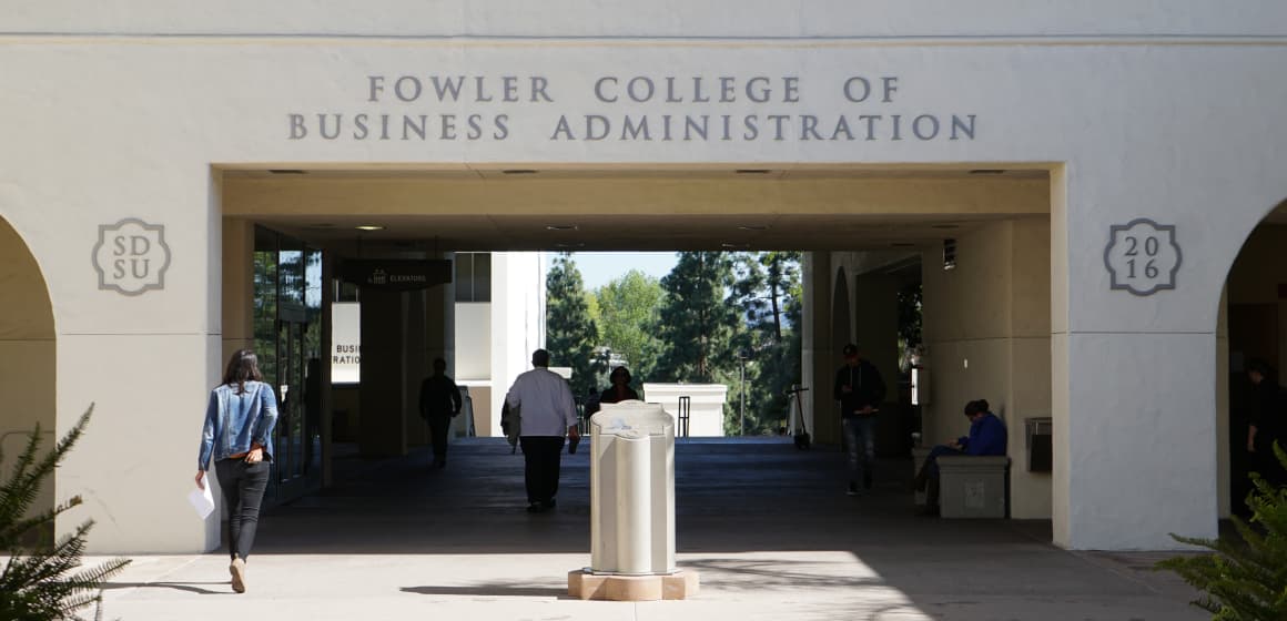 Students walking into the Fowler College of Business Administration building